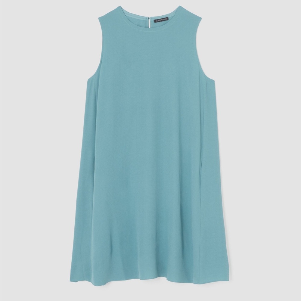 Eileen Fisher Silk Georgette Crepe Round Neck Dress Teal SP - Picture 2 of 9